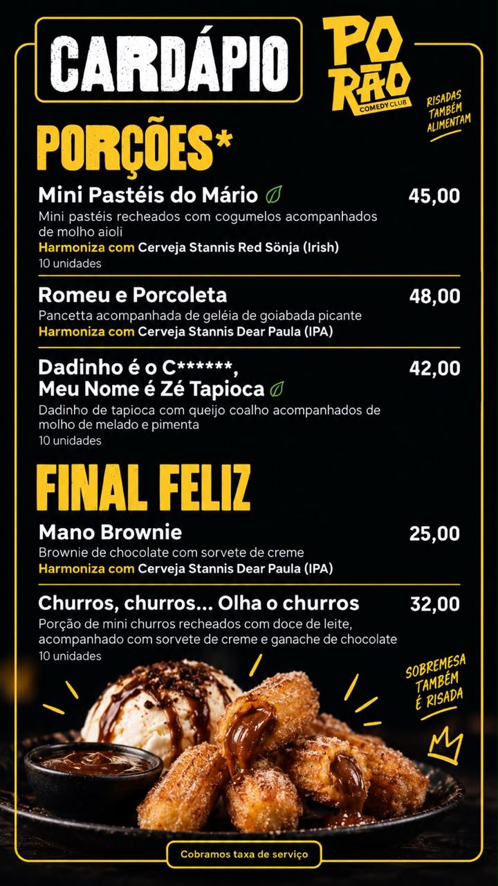 Cardápio do Porão Comedy Club — Porções e sobremesas